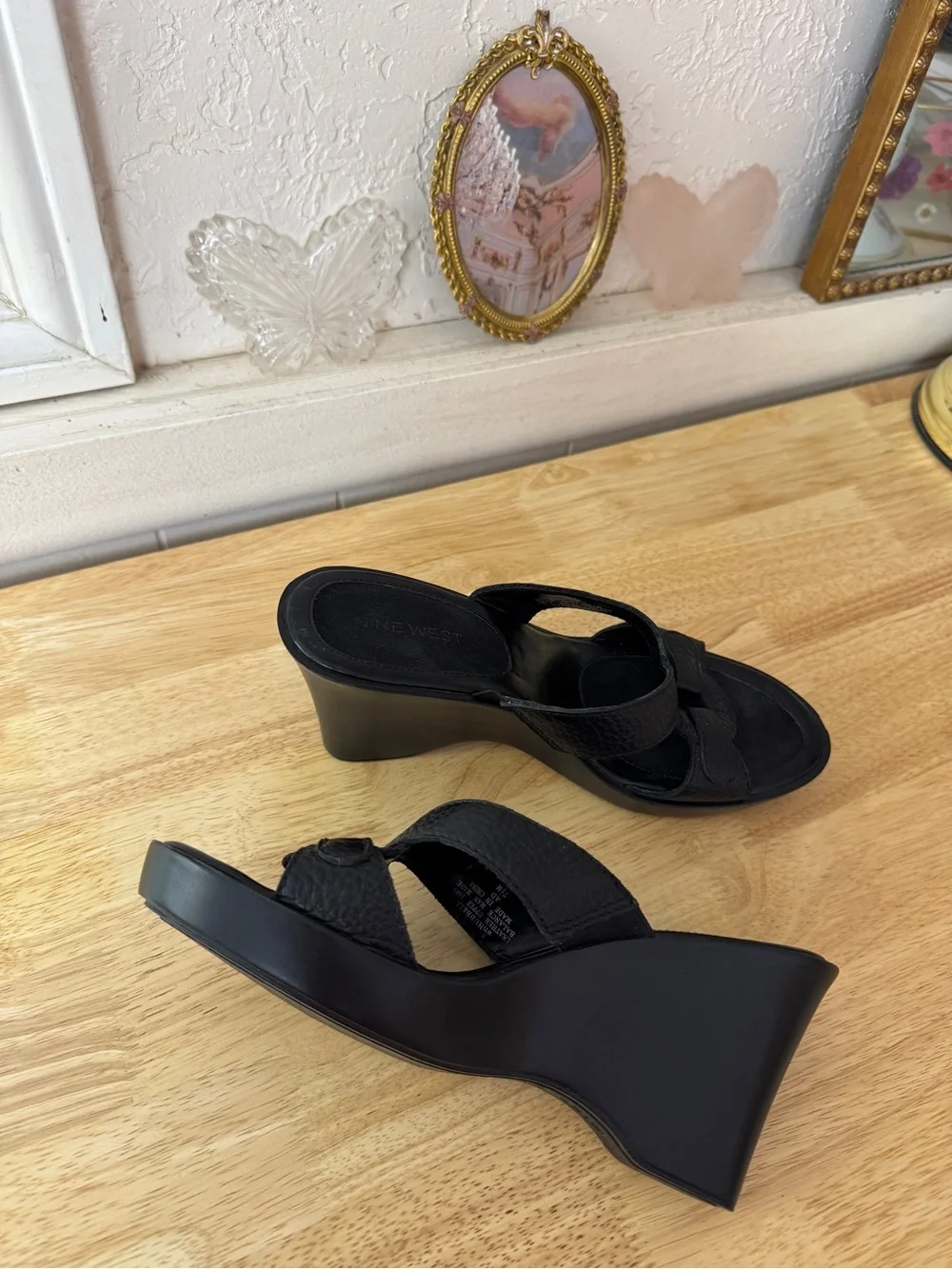 Nine West Black Leather Platform Wedge Slide Sandals Size 7.5 Y2K Minimalist